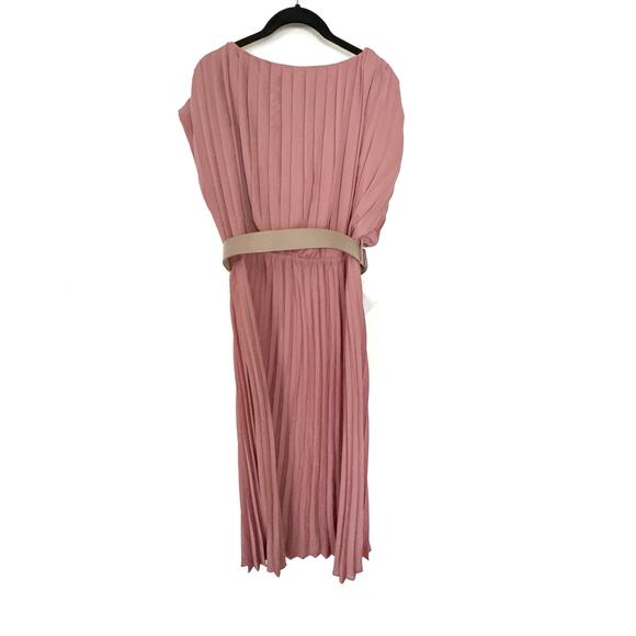 ZARA Rose Pink Marsala Pleated Midi Belted Dress Size Large NWT - Picture 5 of 10